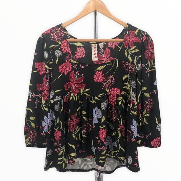 Dolan Dark Moody Floral Square Neck 3/4 Sleeve Top Blouse size Small Petite - Picture 3 of 14